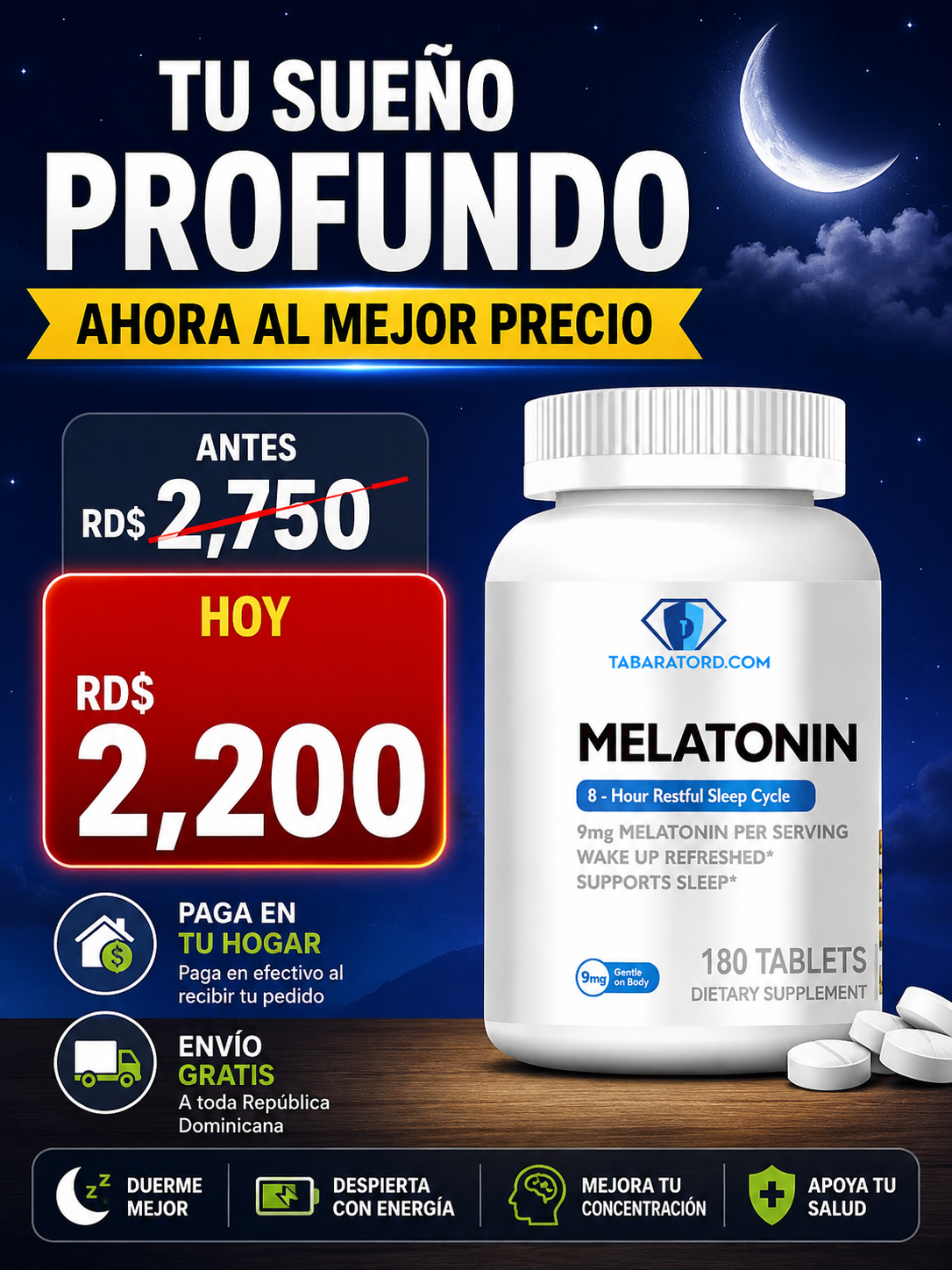 Tu descanso profundo y reparador, garantizado con Melatonin. ¡180 cápsulas!