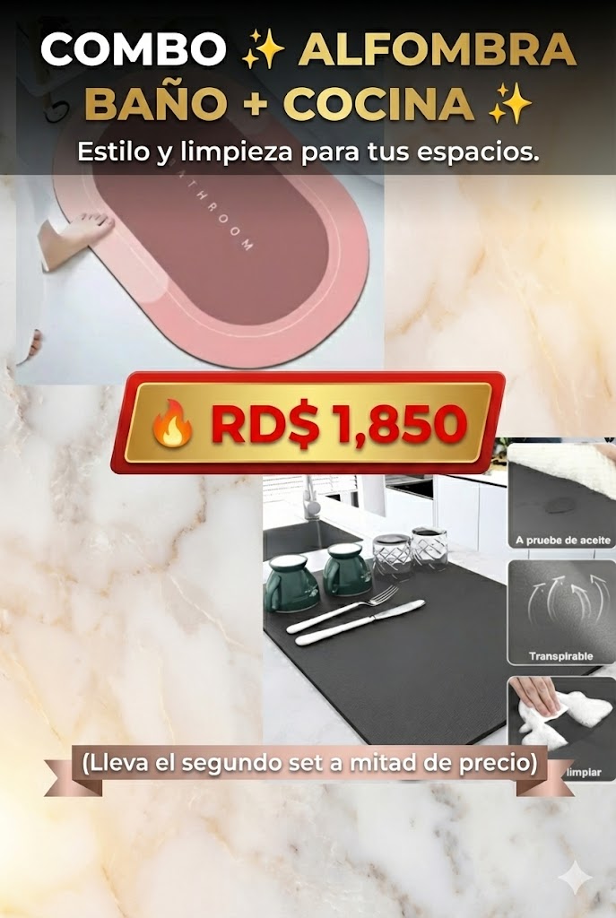 COMBO ✨ ALFOMBRA BAÑO + COCINA ✨  Estilo y limpieza para tus espacios.  🔥 (Lleva el segundo set 50% DESCUENTO)