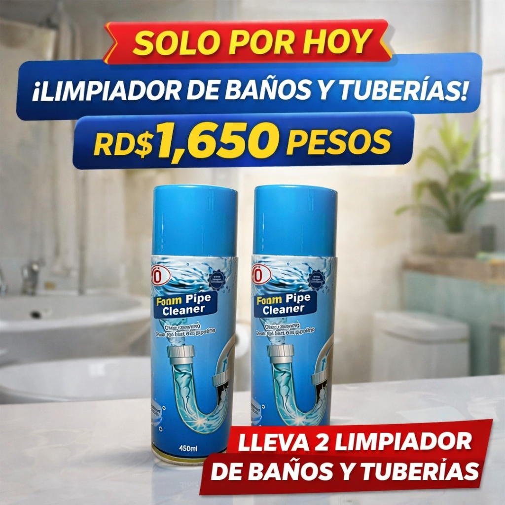 🚿 Destapa tus tuberías en minutos 🧴 Spray limpiador potente 🛠️ Sin llamar al plomero • ⚡ Resultados rápidos  🔥 SOLO POR HOY 💰 2 FRASCOS POR RD$ 1,650 PESOS