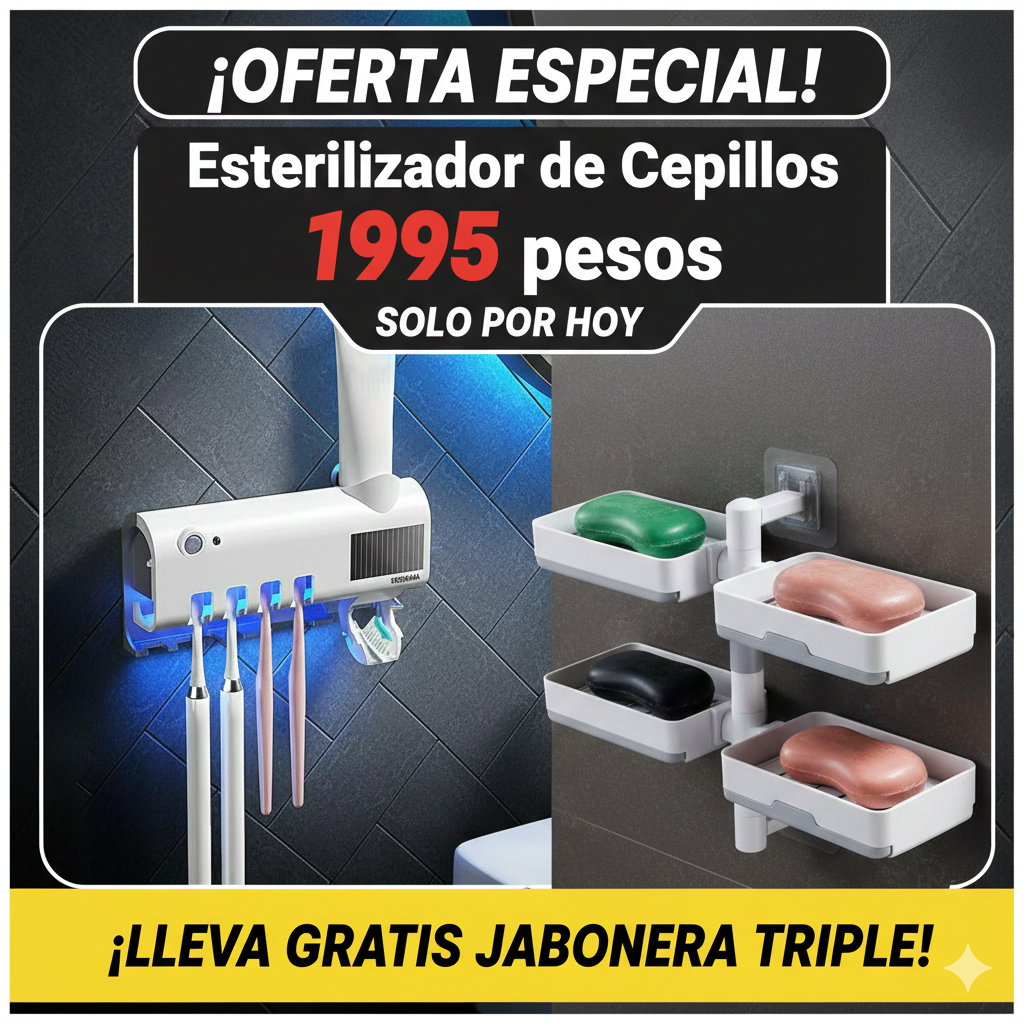 ✨🦠 ¿Cepillos llenos de bacterias? 🚫 ¡No pongas tu salud en riesgo! Protégelos con esterilización UV ✨ 🎁 ¡GRATIS! JABONERA TRIPLE