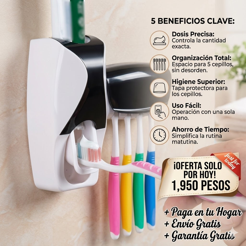 Soporte para 5 Cepillos de Dientes con Dispensador de Pasta de Dental